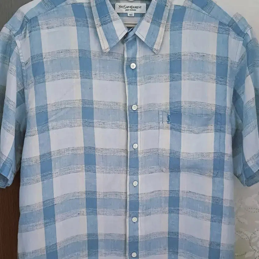 [BUNJANG] Saint Laurent Blue Check Short Sleeve Shirt / 입생로랑 체크 반팔 셔츠 하늘색