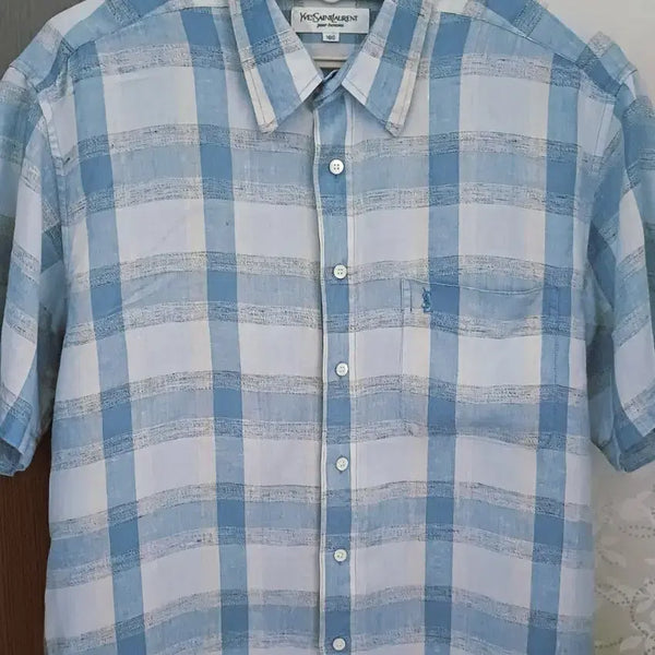[BUNJANG] Saint Laurent Blue Check Short Sleeve Shirt / 입생로랑 체크 반팔 셔츠 하늘색