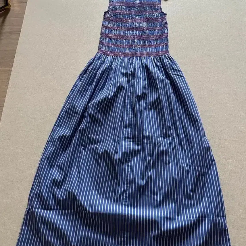 [BUNJANG] Tommy Hilfiger Women's Smoking Stripe Midi Dress XS - Blue Stripe / 타미힐피거 스모킹 스트라이프 미디 원피스 XS 새상품