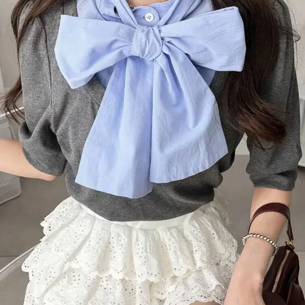 [BUNJANG] Ribbon Blouse - Gray/Sky Blue / 리본 블라우스 그레이/하늘색 새상품