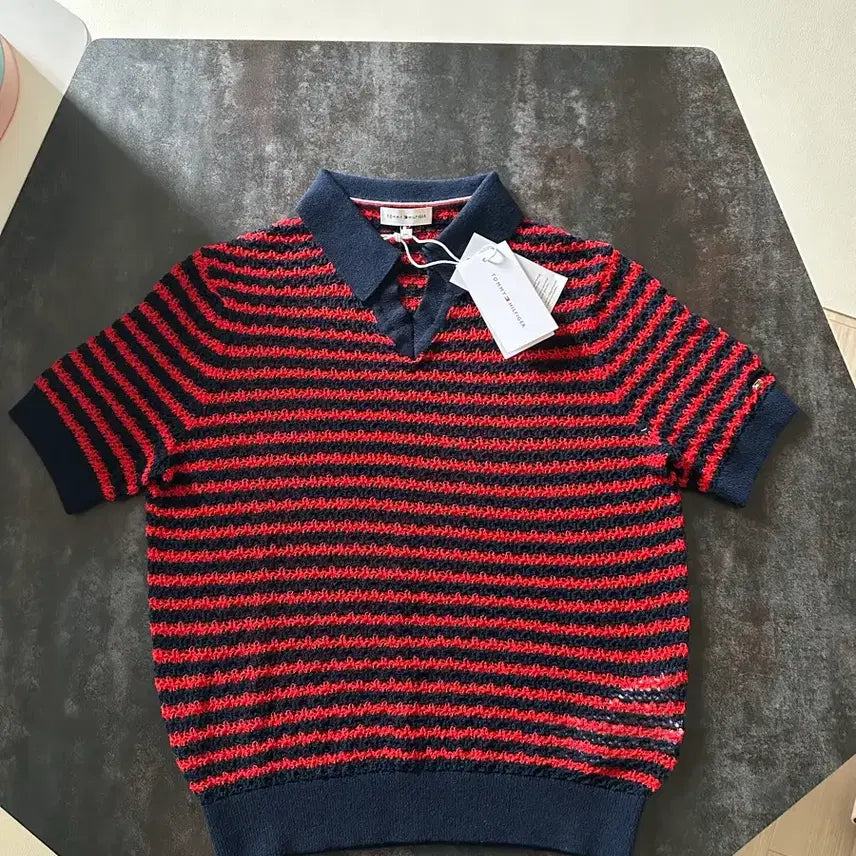 [BUNJANG] Tommy Hilfiger Red/Navy Stripe Polo Knit T-shirt XXS / 타미힐피거 반팔 폴로 니트 레드/네이비 스트라이프 XXS
