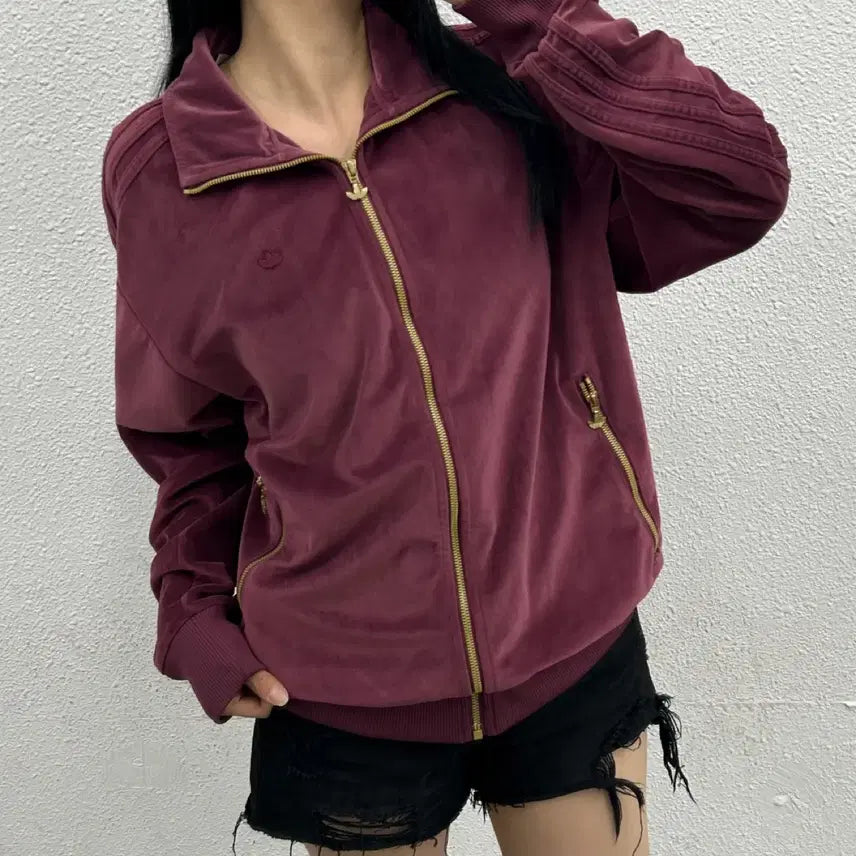 [BUNJANG] Adidas Burgundy Velvet Full Zip Jacket XL / 아디다스 버건디라인 벨벳 버건디 집업 XL