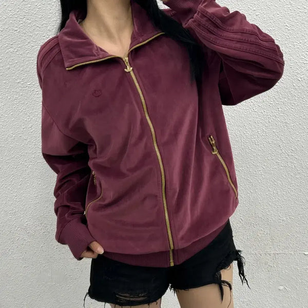 [BUNJANG] Adidas Burgundy Velvet Full Zip Jacket XL / 아디다스 버건디라인 벨벳 버건디 집업 XL