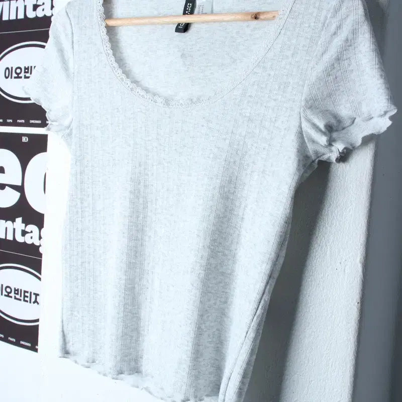 [BUNJANG] H&M Wide Neck Lace Mélange T-Shirt / W(L) 에이치앤엠 반팔 티셔츠 와이드넥 레이스 멜란지 놈코어-H3450