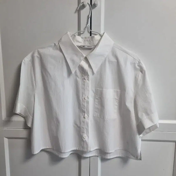 [BUNJANG] Mixxo White Cropped Short Sleeve Shirt (S) / 믹쏘 화이트 크롭 셔츠 스몰 mixxo