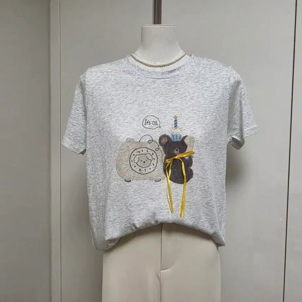[BUNJANG] Bear & Telephone Graphic Short Sleeve T-Shirt / 곰돌이 전화기 반팔 티셔츠