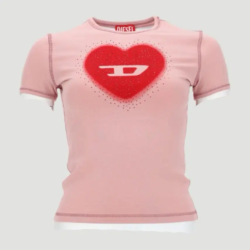 [BUNJANG] Diesel Heart Logo Rhinestone Pink Short Sleeve T-Shirt / 디젤 하트 로고 라인스톤 핑크 반팔 티셔츠