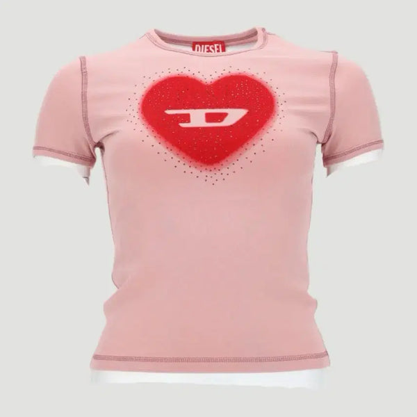 [BUNJANG] Diesel Heart Logo Rhinestone Pink Short Sleeve T-Shirt / 디젤 하트 로고 라인스톤 핑크 반팔 티셔츠
