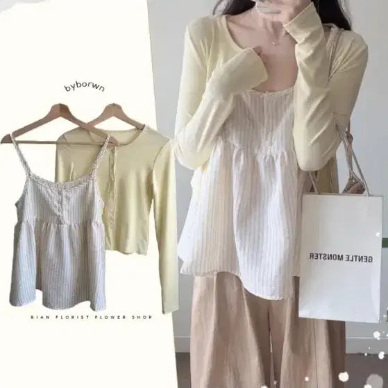 [BUNJANG] Yellow Summer Cardigan and Stripe Tank Top Set / 여름 옷 세트 옐로우