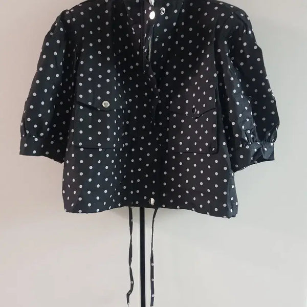 [BUNJANG] Linen Cotton Polka Dot Short Sleeve Jacket with Shoulder Pads / 새옷)~88 린넨코튼 어깨패드 도트 반팔자켓