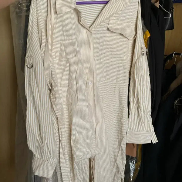 [BUNJANG] Beige Stripe Shirt Dress / 스트라이프 셔츠 원피스
