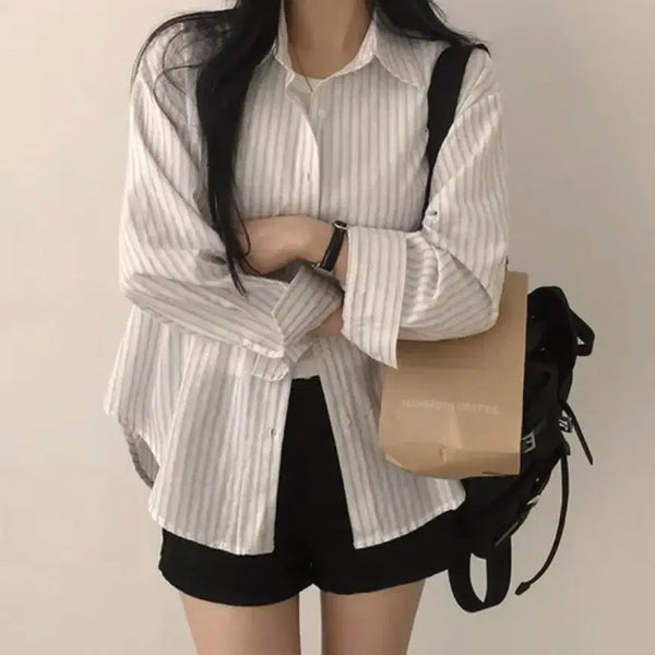 [BUNJANG] Andmore Mood Stripe Loose Fit Long Sleeve Shirt - Blue / 앤드모어 무드 스트라이프 루즈핏 긴팔셔츠 (3color) 블루