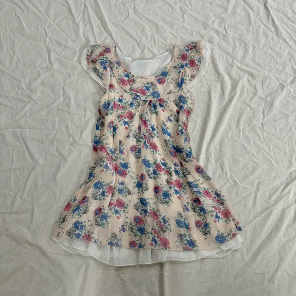 [BUNJANG] Flower Chiffon Mini Dress - Fairycore Mori Girl Balletcore / 플라워 쉬폰 미니 원피스 페어리코어 모리걸 하구미 발레코어