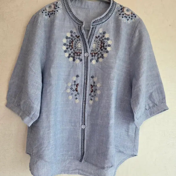 [BUNJANG] Women's 3/4 Sleeve Ethnic Embroidered Shirt Blouse - Blue Stripe / 55 일본 여성 7부 소매 에스닉 자수 셔츠 블라우스 헨리넥 반팔