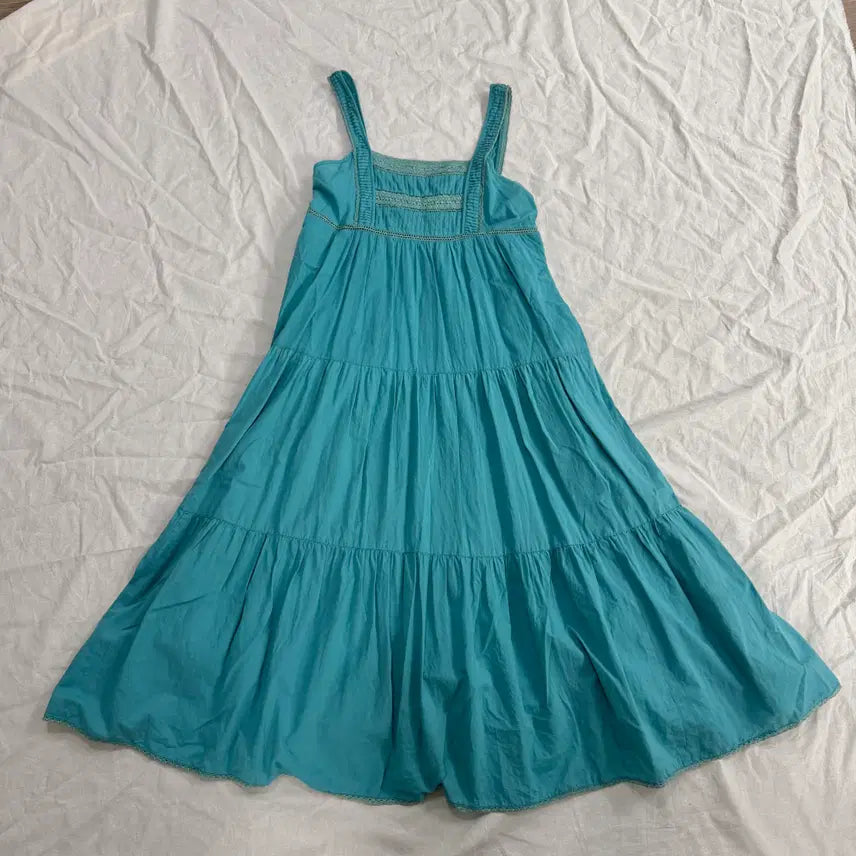 [BUNJANG] Turquoise Mint Lace Cotton Tiered Long Dress / 청록 민트 레이스 코튼 캉캉 롱원피스 모리걸 하구미
