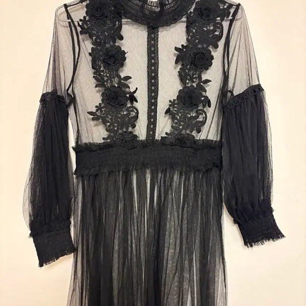 [BUNJANG] Black See-through Lace Long Dress / 블랙 시스루 레이스 롱 원피스