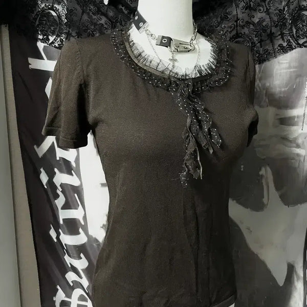 [BUNJANG] Sheer Dotted Ruffle Ribbon Slim Short Sleeve Blouse / 핀터도트쉬어프릴리본 슬림반팔티블라우스초코맛로걀탑모리걸라떼갸루페어리멜빌깔