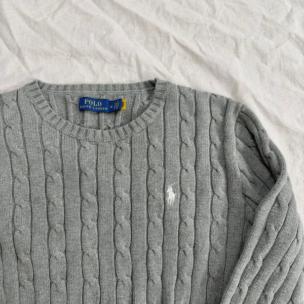 [BUNJANG] Polo Ralph Lauren Cable Knit Sweater - Grey Pony Embroidery / 폴로 랄프로렌 정품큐알 케이블 니트 스웨터 그레이 포니 자수