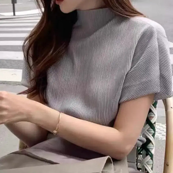 [BUNJANG] Women's Short Sleeve Knit T-Shirt with Wrinkle Detail / 주름 반팔 니트 티셔츠
