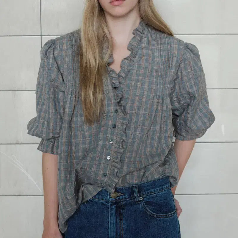 [BUNJANG] Via Plain Victoria Check Blouse / 비아플레인 빅토리아 체크 블라우스