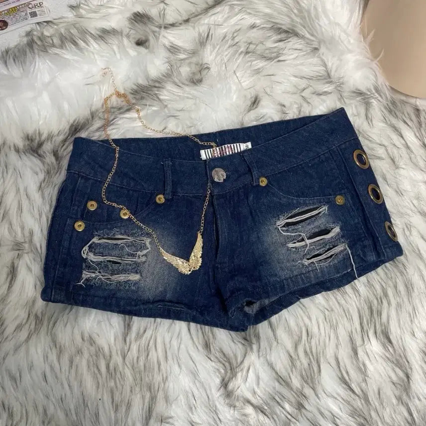 [BUNJANG] Oner Gal Side Gold Ring Back Zipper Micro Denim Shorts / 오네 갸루 사이드 골드링 뒷지퍼 마이크로 데님 쇼츠
