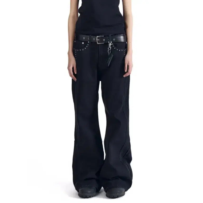 [BUNJANG] AKAM Back Studded Flare Denim Pants (Black) / 아캄 Back Studded Flare Denim Pants (Black