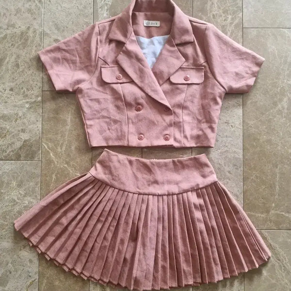 [BUNJANG] Pink Apricot Pleated Skirt Set Two-Piece / 핑크색 살구색 자켓 주름 플리츠 스커트 세트 셋업 투피스