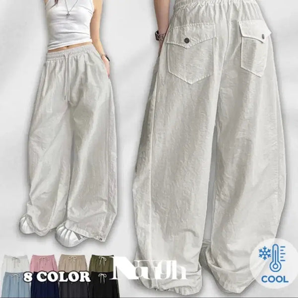 [BUNJANG] Lunarf Air Nylon Back Pocket Pintuck Snap Wide Long Pants / 루너프 에어 나일론 백포켓 핀턱 스냅 와이드 롱팬츠 에이블리