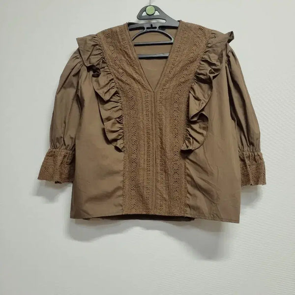[BUNJANG] Recov Brown Frill Lace Blouse / 레코브,,브라운 프릴 레이스 블라우스