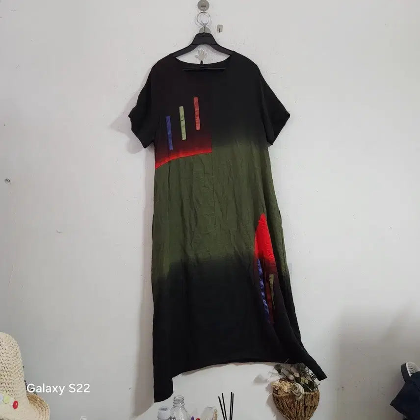 [BUNJANG] Patchwork Long Dress Black/Khaki / 패치워크 롱 원피스 블랙/카키