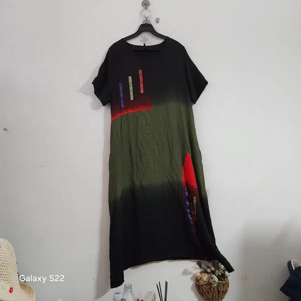 [BUNJANG] Patchwork Long Dress Black/Khaki / 패치워크 롱 원피스 블랙/카키