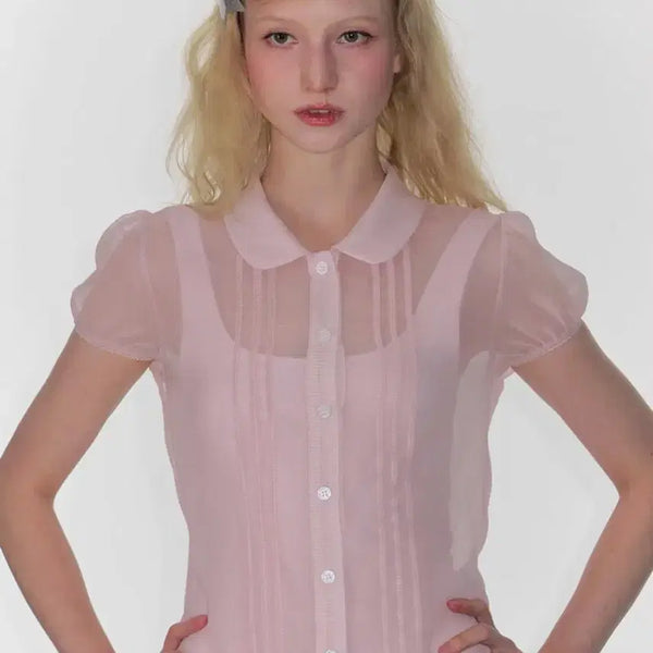 [BUNJANG] Crank Sheer Pintuck Blouse Pink / 크랭크 시어 핀턱 블라우스 핑크
