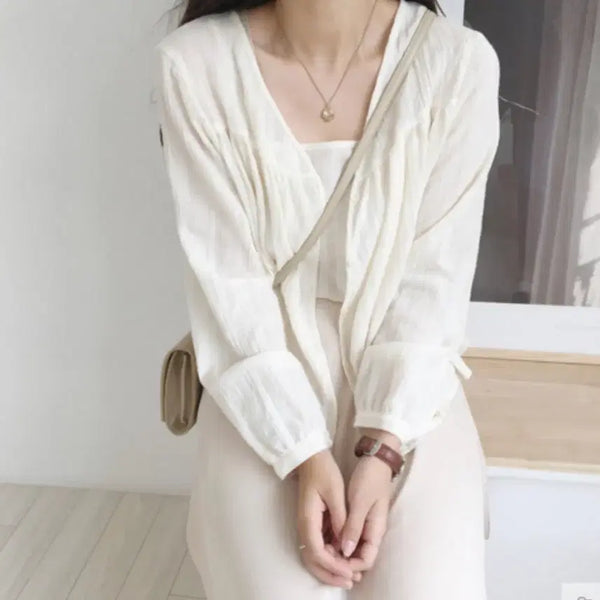 [BUNJANG] Shirring Blouse - Ivory / 가디건 나시 셔링 블라우스 아이보리
