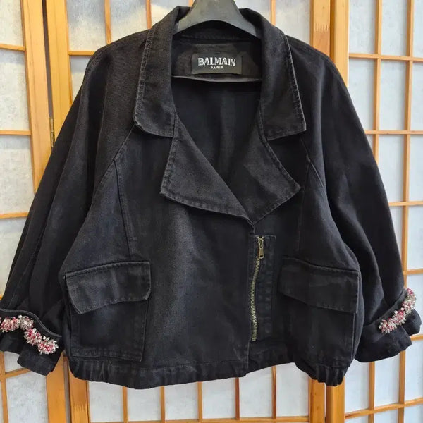 [BUNJANG] Beaded Flower Rider Denim Short Jacket / 비즈꽃 라이더청 숏쟈켓 프리