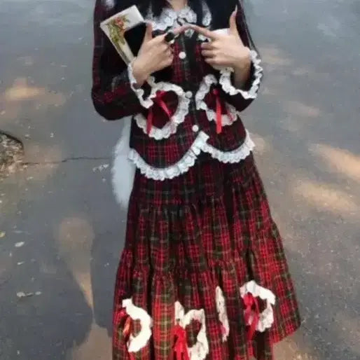 [BUNJANG] Red Plaid Two-Piece Set Lolita Setup / 체크 빨간 투피스 세트 로리타 셋업 크리스마스 (구매 시주말 배송 예정)