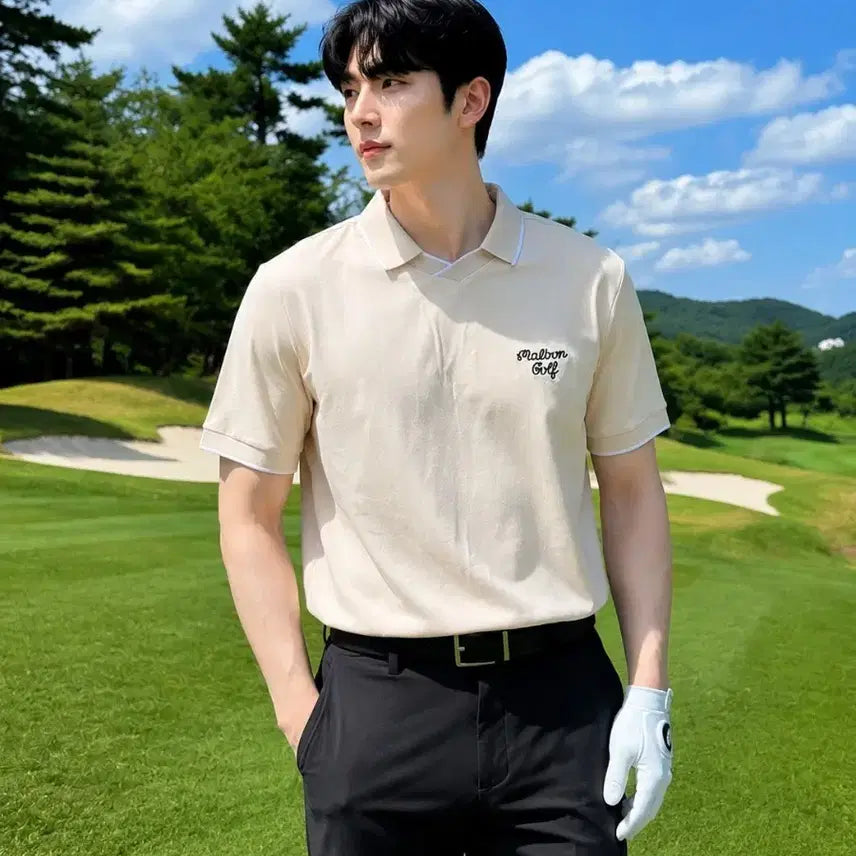 [BUNJANG] Malbon Golf Men's V-Neck Polo T-Shirt Beige Size M (100-105) / (미사용)말본 골프 남성 브이넥 포인트 폴로 티셔츠 100~105