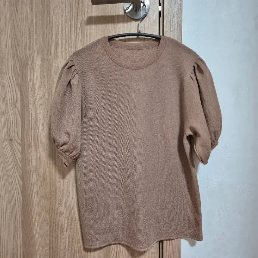 [BUNJANG] Puff Sleeve See-through Short Sleeve Summer Knit (Dark Beige) / 퍼프소매 시스루 반팔 여름 니트 (진베이지)