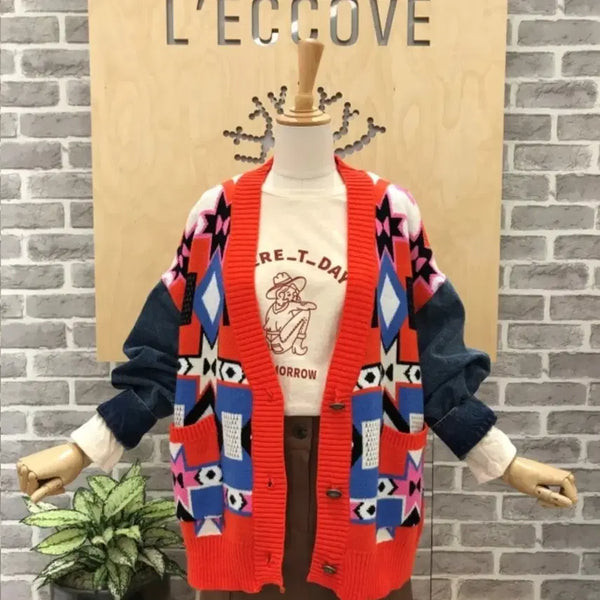 [BUNJANG] Lecove Pattern Knit Jacket Blue Color Block Cardigan / lecove 레코브 패턴 니트자켓 청배색 가디건 오버핏니트가디건