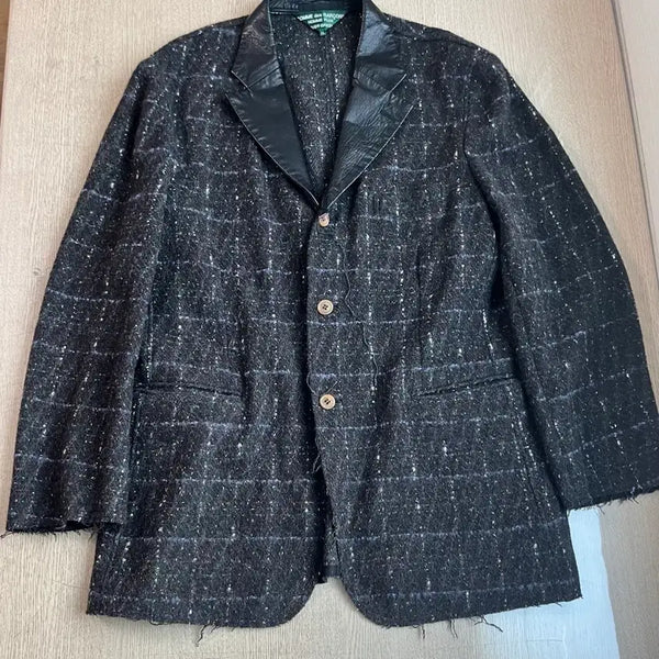 [BUNJANG] Comme des Garçons Homme Plus Tweed Leather Lapel Blazer Jacket / L 꼼데가르송 옴므 플러스 로우컷 트위드 레더 라펠 블레이저 자켓