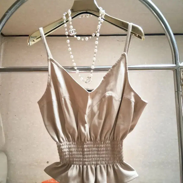 [BUNJANG] Beige Leather Cropped Camisole / 귀염 베이지 가죽 크롭 끈나시