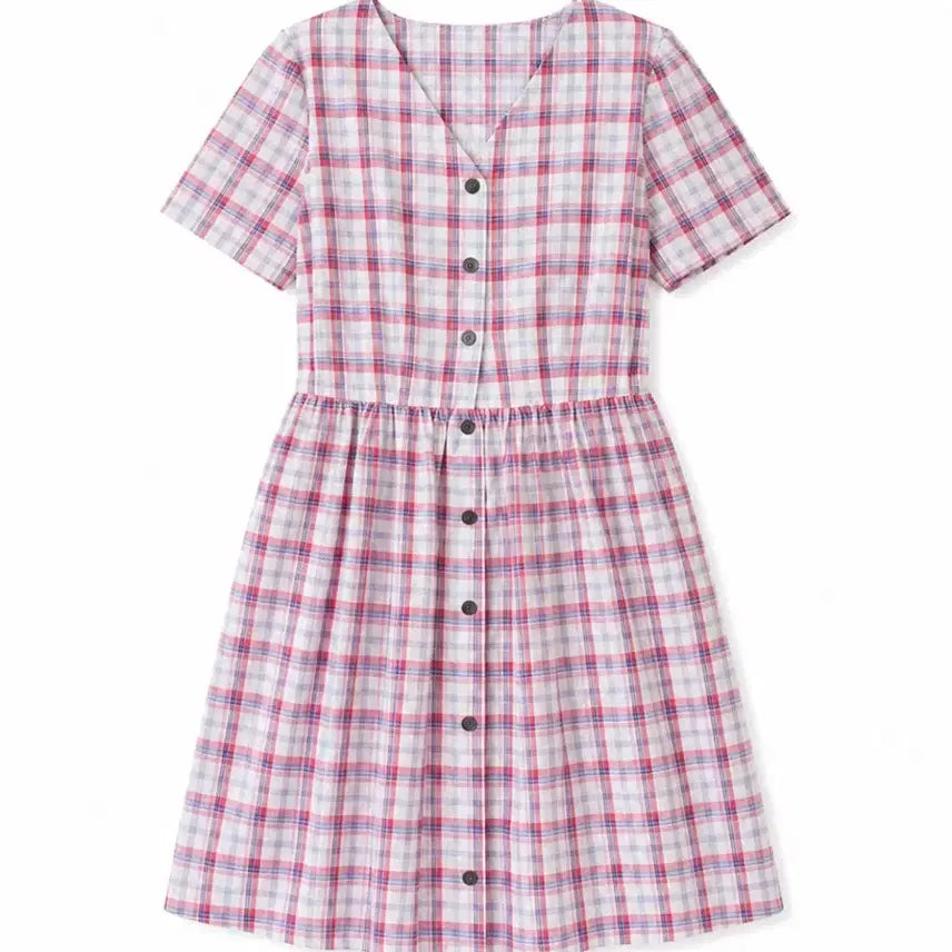 [BUNJANG] Checkered Short-Sleeve V-Neck Dress / 보세 체크 반팔 브이넥 원피스 free