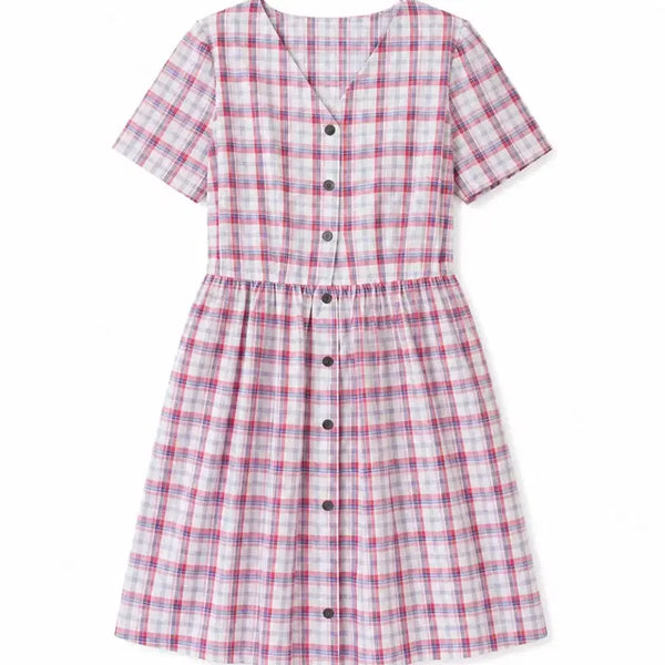 [BUNJANG] Checkered Short-Sleeve V-Neck Dress / 보세 체크 반팔 브이넥 원피스 free
