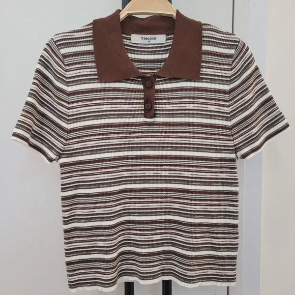 [BUNJANG] Eight Seconds 25SS Stripe Ribbed Knit Cropped Polo Shirt - Size M / 25ss 에잇세컨즈 스트라이프 골지 니트 크롭 카라티 M사이즈
