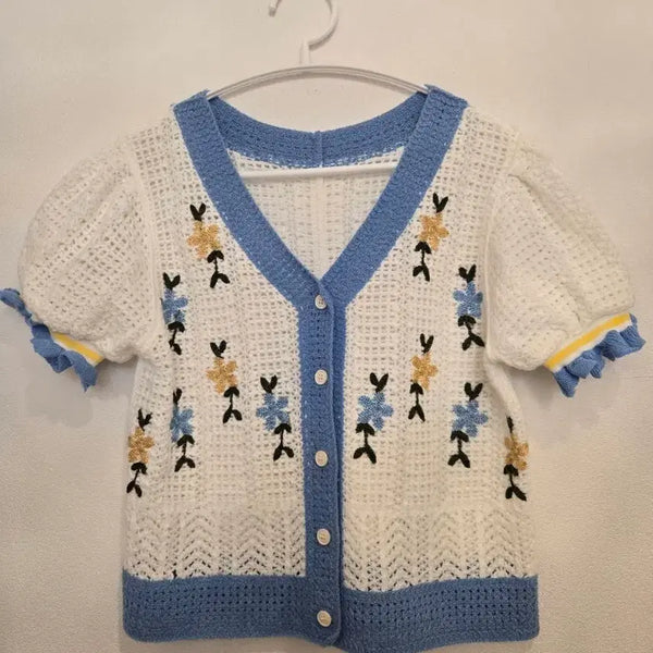 [BUNJANG] Flower Crochet Puff Sleeve Cardigan (White, Blue) / 플라워 크로셰 퍼프 가디건 (화이트, 블루)