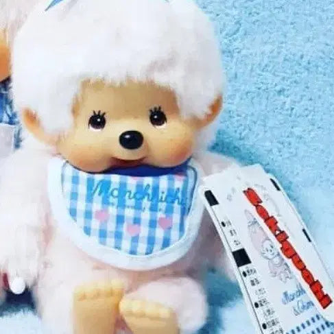 [BUNJANG] Monchhichi Doll Blue Check Bib (Pink) / (토일까지만할인)고전 블루체크 연분홍 몬치치 인형 정품