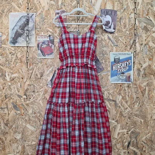 [BUNJANG] Vintage Check Ruffle Detail Sleeveless Maxi Dress / 빈티지 체크 프릴 디테일 나시 원피스 F