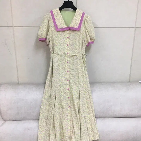 [BUNJANG] Floral Pattern Puff Sleeve Sailor Collar Chiffon Dress (Light Green/Purple) / 플로럴 패턴 퍼프소매 세일러 카라 쉬폰원피스 (연두/퍼플)