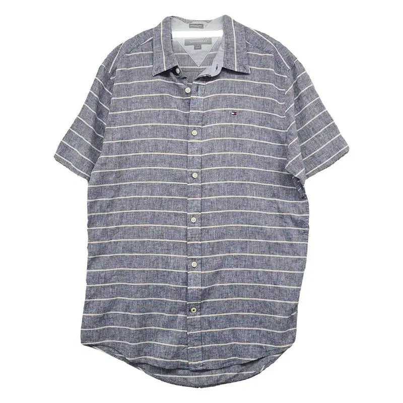 [BUNJANG] Tommy Hilfiger Striped Blue Logo Short Sleeve Shirt M / 타미힐피거 스트라이프 블루 로고 반팔 셔츠 M
