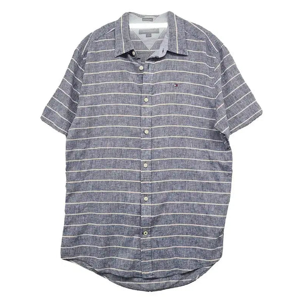 [BUNJANG] Tommy Hilfiger Striped Blue Logo Short Sleeve Shirt M / 타미힐피거 스트라이프 블루 로고 반팔 셔츠 M