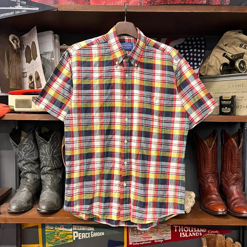 [BUNJANG] Pendleton Multi-Color Madras Check Short Sleeve Button-Down Shirt / Pendleton 멀티 컬러 마드라스 체크 버튼다운 반팔 셔츠 N1896